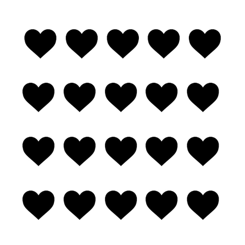 May include: A grid of twenty black heart shapes arranged in four rows of five hearts each.