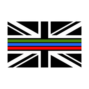 May include: A graphic of the Union Jack flag with three horizontal stripes in green, blue, and red. The flag's design is black and white, with the colored stripes centered across the flag.