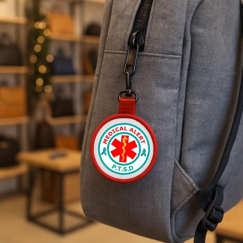 May include: A red and white medical alert keychain with the text "MEDICAL ALERT" and "P.T.S.D." The keychain features a red cross symbol with a snake and a teal ribbon. The keychain is attached to a gray backpack.