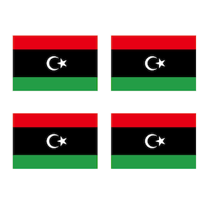 May include: Four identical flags of Libya. Each flag is a horizontal tricolor of red, black, and green. A white crescent moon with a white star inside is centred on the black band.