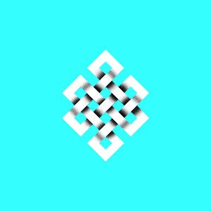 May include: A white endless knot symbol on a turquoise background. The knot is a traditional symbol of good luck and eternity.