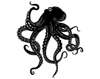 May include: Black and white silhouette of an octopus with eight tentacles. The octopus is facing the right side of the image.