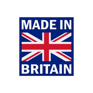May include: A blue square with the text "MADE IN BRITAIN" in white letters. The square also features a red, white, and blue Union Jack flag.