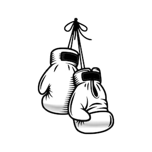 May include: A pair of black and white boxing gloves hanging from a string. The gloves are made of leather and have a classic design.