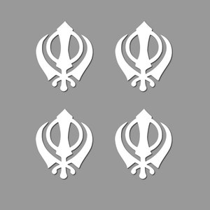 May include: Four white Khanda symbols, a religious symbol in Sikhism, are arranged in a square pattern on a gray background.