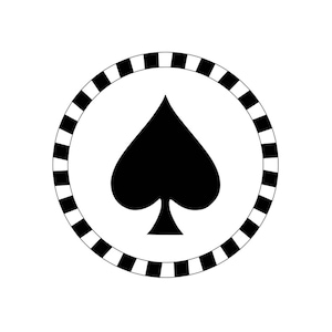 May include: A black spade symbol, a playing card suit, is centered on a white background. The spade is enclosed by a white circle, which is surrounded by a black and white striped border. The design is simple and graphic.