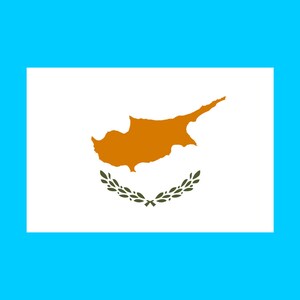 May include: The flag of Cyprus features a white background with a map of the island in orange and a green olive branch wreath.