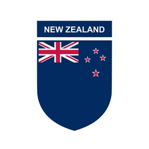 May include: A shield-shaped emblem displaying the New Zealand flag. The flag has a dark blue background with the Union Jack in the upper left and four red stars with white borders. The text "NEW ZEALAND" is in white.