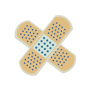 May include: A beige bandage with a blue adhesive pad and blue polka dots. The bandage is folded in half and the adhesive pad is visible.