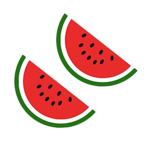 May include: Two red watermelon slices with black seeds and green rinds.