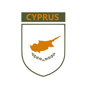 May include: A green shield with the word "CYPRUS" in white letters at the top. Inside the shield is a white background with an orange outline of the island of Cyprus and a green olive branch wreath below.