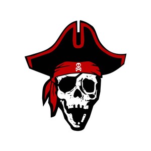 May include: A black and red pirate skull illustration. The skull wears a black tricorn hat with red trim and a red bandana with a white skull and crossbones. The skull has a missing eye and open mouth.