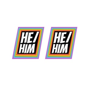 以下が含まれることがあります： 黒い背景に白い太字で「HE/HIM」と書かれた長方形のステッカーが2つ。テキストは虹色のフレームの中にあり、ラベンダー色のボーダーが付いています。ステッカーはわずかに傾いています。