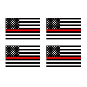 May include: Four black and white American flags with a single red stripe across the middle. The red stripe represents support for firefighters.