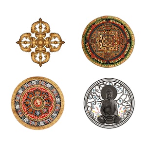 May include: Four round decorative wall hangings with intricate designs. The top left is a gold mandala with a central circle. The top right is a black and gold mandala with a central square. The bottom left is a red and gold mandala with a central flower. The bottom right is a black and white mandala with a Buddha figure in the center.