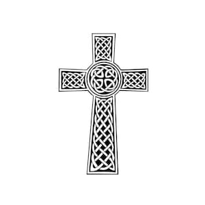 May include: A black and white Celtic cross with intricate knotwork design.