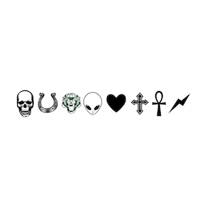May include: A row of black and white icons, including a skull, horseshoe, tiger, alien, heart, cross, ankh, and lightning bolt.