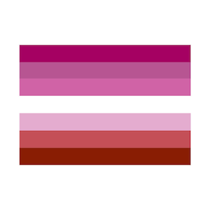 Peut inclure: Un drapeau de la fierté lesbienne avec six bandes horizontales. La bande supérieure est rose foncé, la deuxième est rose clair, la troisième est une nuance de rose plus claire, la quatrième est lavande clair, la cinquième est rouge clair et la bande inférieure est rouge foncé.