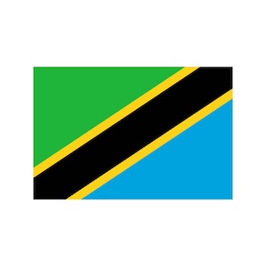 May include: The flag of Tanzania features a diagonal yellow stripe with a black stripe on top of it. The top half of the flag is green, and the bottom half is blue.