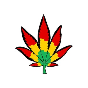 May include: A stylized cannabis leaf with red, yellow, and green colors. The leaf is outlined in black.