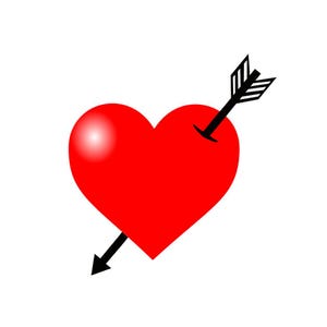 Puede incluir: Un corazón rojo atravesado por una flecha negra, sobre un fondo blanco. El corazón tiene un efecto degradado, más claro en la parte superior izquierda. El plumaje de la flecha es detallado.