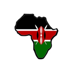 Puede incluir: Un contorno del continente africano en negro, relleno con los colores de la bandera de Kenia: negro, rojo, blanco y verde. La bandera presenta un escudo y lanzas tradicionales masai.