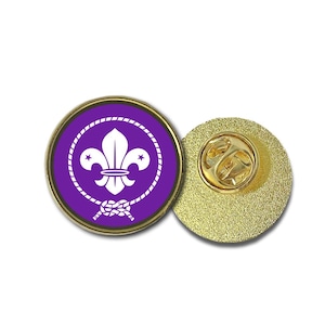Könnte beinhalten: Eine goldfarbene Anstecknadel mit einem violetten Hintergrund und einem weißen Fleur-de-lis-Design. Die Nadel hat einen Seil-Design am Rand und zwei Sterne über der Fleur-de-lis.