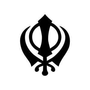 May include: A black and white illustration of the Sikh symbol, the Khanda. The Khanda is a double-edged sword with a circle around it, representing the spiritual and temporal power of God. The Khanda is a symbol of Sikhism and is often used in Sikh art and architecture.