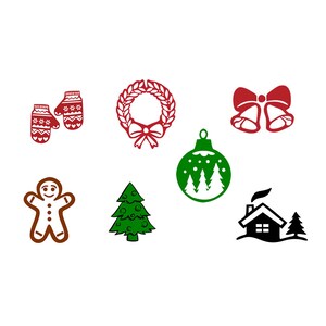Puede incluir: Un conjunto de imágenes de clipart con temática navideña, que incluyen un hombre de jengibre, un árbol de Navidad, una corona, una casa, un adorno navideño, guantes y campanas.
