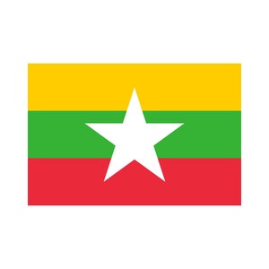 Op de afbeelding: De vlag van Myanmar, ook bekend als Birma, heeft drie horizontale strepen in geel, groen en rood met een grote witte vijfpuntige ster in het midden.