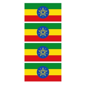May include: Four identical Ethiopian flags. Each flag is green, yellow, and red with a blue circle in the center containing a gold star.