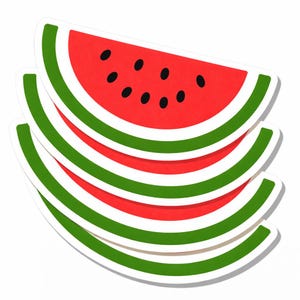 Puede incluir: Una pila de pegatinas con forma de rodajas de sandía. Cada pegatina presenta un interior rojo con semillas negras, un borde blanco y rayas verdes. Las pegatinas están dispuestas de forma ligeramente superpuesta.