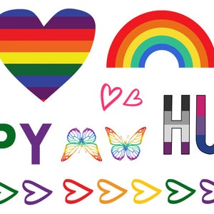 Pode incluir: Um design gráfico colorido com a palavra "HAPPY" em cores do arco-íris, duas borboletas, um coração arco-íris, uma impressão de lábios arco-íris, um arco-íris, um padrão de listras arco-íris, dois pequenos corações rosa, a palavra "HUMAN" em cores do arco-íris e uma fileira de corações arco-íris.