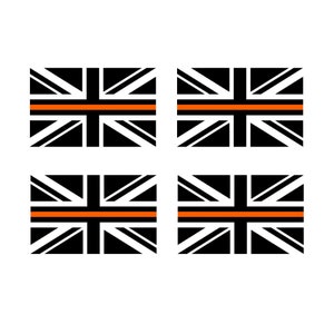 May include: Four Union Jack flags with a thin orange stripe across the middle. The flags are arranged in a 2x2 grid.