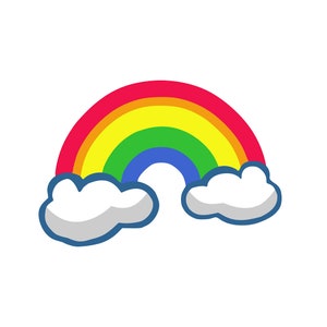 May include: A colorful rainbow with red, orange, yellow, green, blue, and purple stripes. The rainbow is arched over two white clouds with blue outlines.