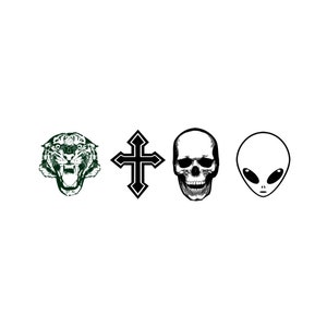 May include: A black and white illustration of a tiger head, a black cross, a skull, and an alien head.