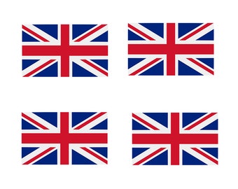 May include: Four rectangular images of the Union Jack, the national flag of the United Kingdom. Each flag features a blue background with red and white crosses, a symbol of British heritage and identity.
