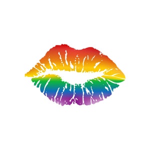 May include: A rainbow-coloured lipstick kiss mark on a white background.