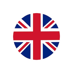 Op de afbeelding: Een cirkelvormige afbeelding van de Union Jack, de vlag van het Verenigd Koninkrijk. Het ontwerp toont een rood kruis en diagonale strepen op een witte achtergrond, tegen een blauwe cirkel.