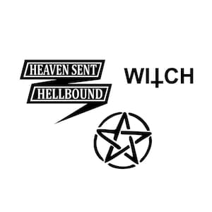 Puede incluir: Diseño gráfico en blanco y negro con el texto "HEAVEN SENT" y "HELLBOUND" en forma de banner con un rayo. El texto "WITCH" está debajo del banner. Un pentagrama negro con un círculo alrededor está debajo del texto.