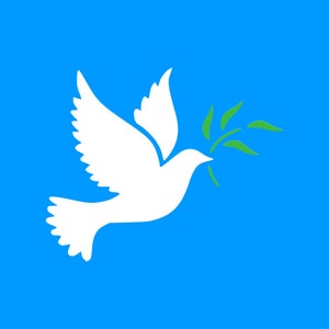 以下が含まれることがあります： 明るい青色の背景に、オリーブの枝をくわえた白い鳩。平和の象徴です。