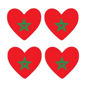 May include: Four red heart shapes, each with a green star at the centre. The hearts are arranged in a 2x2 grid against a white background. The design represents the Moroccan flag.