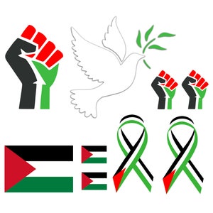 以下が含まれることがあります： 黒い拳に赤と緑のバンド、オリーブの枝を持った白い鳩、赤と緑のバンドを持った黒い拳が2つ、緑と黒のリボンが2つ、そしてパレスチナの国旗が2つが描かれたグラフィックデザインです。