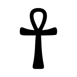 May include: A black Ankh symbol, a traditional Egyptian hieroglyph, representing life and eternal life.