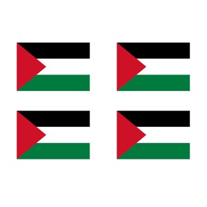 以下が含まれることがあります： 4つの同一のパレスチナ国旗。それぞれ赤色の三角形、黒色のストライプ、白色のストライプ、緑色のストライプが配置され、白い背景に表示されています。