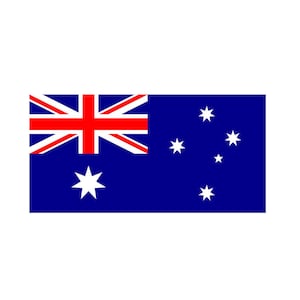May include: The Australian flag features a blue field with a Union Jack in the top left corner and a constellation of seven white stars in the bottom right corner.