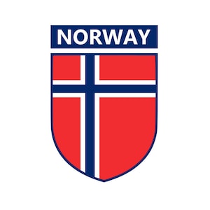 May include: A shield-shaped emblem displaying the Norwegian flag. The flag design features a red background with a blue Nordic cross edged in white. The word "NORWAY" is shown in white text on a blue banner at the top.
