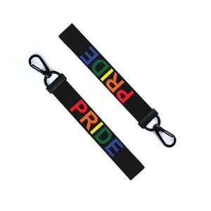 May include: Two black lanyards with a silver clip. The lanyards have the word "PRIDE" printed on them in rainbow colours.