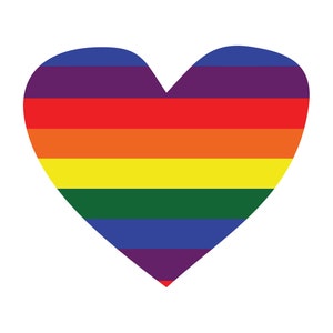 Peut inclure: Un graphique en forme de cœur avec des rayures horizontales aux couleurs de l'arc-en-ciel : rouge, orange, jaune, vert, bleu et violet. Le motif est posé sur un fond blanc uni.