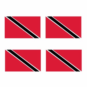 May include: Four rectangular flags of Trinidad and Tobago are displayed. Each flag features a red background with a black diagonal stripe and a white border. The flags are arranged in a two-by-two grid against a white background.